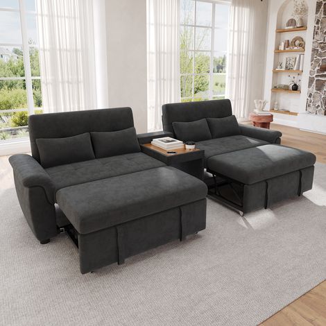 Canapé panoramique en U 284x138x89 cm convertible avec couchages coulissants, dossier réglable, espace animal, 2 porte-gobelets, chenille, Gris foncé (1/5)