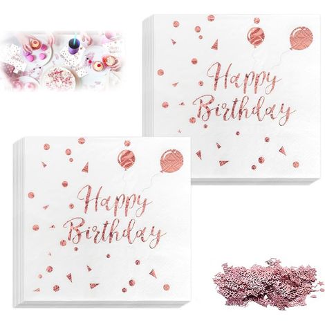 40 tovaglioli di carta color oro rosa con scritta "Buon Compleanno" e coriandoli da tavola per feste e cene - Tovaglioli di carta bianchi con scritta "BUON COMPLEANNO" (1/5)