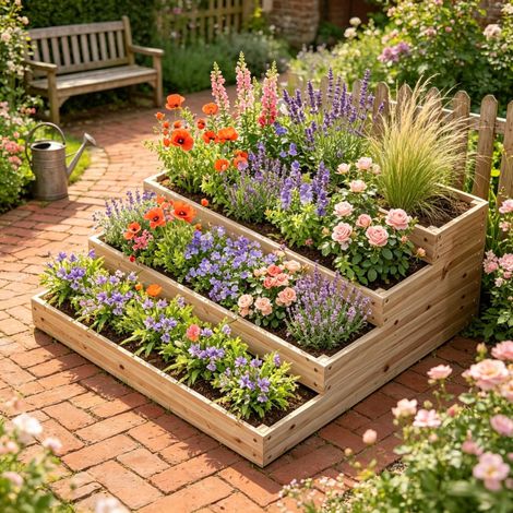 Hochbeet ohne Boden für den Garten, 4‑stufiges Pflanzbeet für Kräuter, Gemüse, Obst und Blumen (1/5)