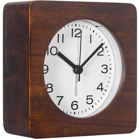 Réveil carré en bois de 7,6 cm avec chiffres arabes, silencieux, sans tic-tac, rétroéclairé, fonctionne sur piles, marron