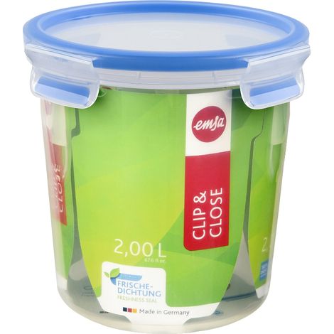 Emsa 508553 rotonda contenitore di alimento con coperchio, 2,0 litri, trasparente / blu, Clip & Chiudi (1/5)