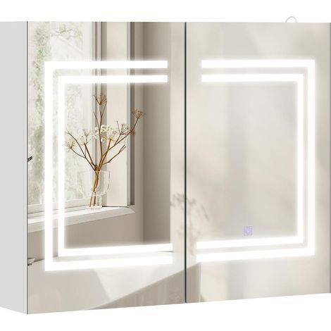 Armoire de toilette avec miroir LED, 3 couleurs, étagères réglables, interrupteur tactile, salle de bain, blanc (1/5)