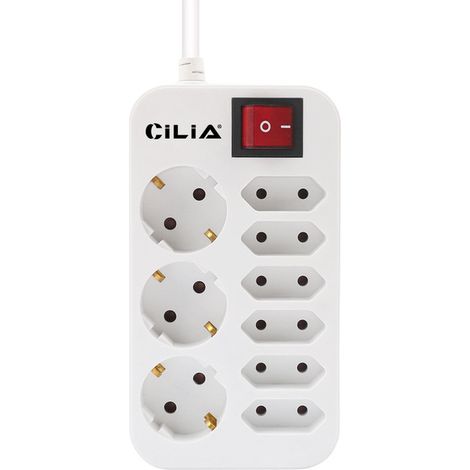 CILIA Multiprise 9 en 1 avec Interrupteur - 3 Prises Schuko et 6 Prises Euro, Bloc Multiprise Compact 1.5m, 3680W Max - Idéal Bureau et Maison - Blanc (1/5)