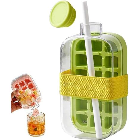 2-in-1 Eisflasche – Wasserflasche mit Deckel und Reservoir – Einfaches Öffnen durch Drücken – Eiswürfelform für Getränke, Kaffee und Saft (800 ml – Grün) (1/5)