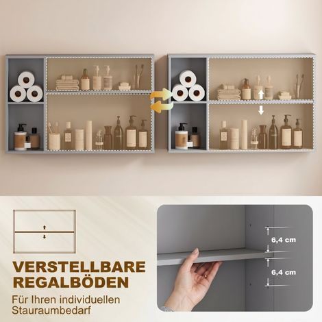 Armoire de toilette murale grise, meuble de salle de bain avec miroir, 3 portes, étagères réglables, rangement pharmacie pratique. (1/5)