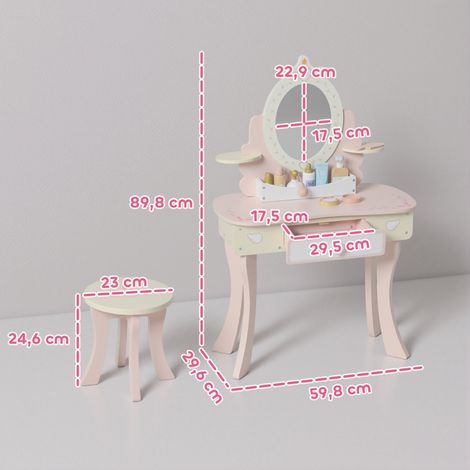 Coiffeuse enfant 2-en-1 avec chaise, tiroir, miroir détachable et bureau, 7 accessoires inclus, en MDF rose, meuble pratique pour chambre d'enfant (1/5)