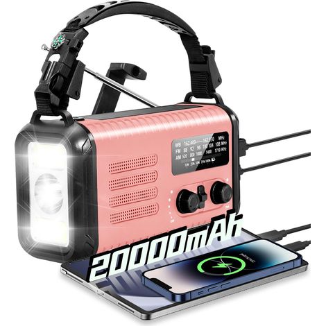 Radio à manivelle d'urgence, 20 000 mAh/74 000 mWh, radio météo solaire à manivelle avec NOAA/AM/FM, radio alimentée par batterie avec chargeur de téléphone portable, lampe de lecture, lampe de poche (1/5)