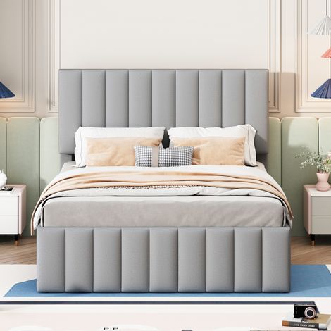 Ausziehbett 140×200 cm, Doppelbett mit 3 Schubladen, Verstellbares Kopfteil und Ausziehbett, ohne Matratze, Grau