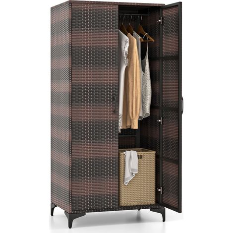 COSTWAY Wicker Wardrobe PE Rattan Wardrobe Armoire Closet w/ Hanging Rod-Coffee (1/5)