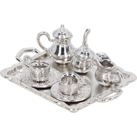 Realistisches Miniatur-Teeservice aus Metall im Maßstab 1:12 für Puppenhäuser mit Tablett und Tassen (1/5)