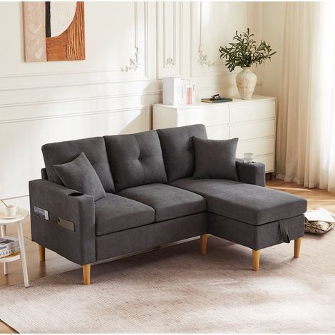 Divano angolare 3 posti con chaise longue, vano contenitore e portabicchieri, grigio scuro HAVRYA (1/5)