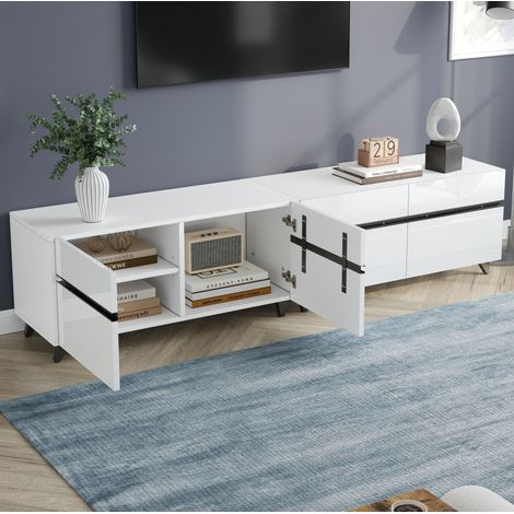 Mueble TV 180 x 40 x 49 cm con 4 armarios, frontal alto brillo, MDF, blanco OKMYHOME (1/5)