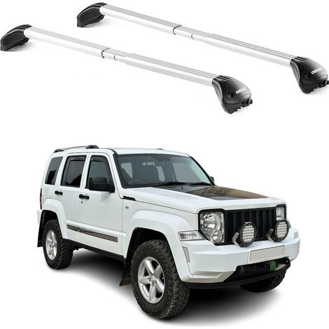 OMAC Barres de toit transversales certifiées TÜV pour Jeep Cherokee KK 2008-2012 – Verrouillables (4 antivols) – Charge max 100 kg – Sangle inox + protection caoutchouc Argent (1/4)