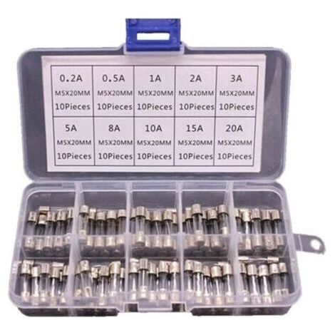 100pcs 5x20mm Glass Fuses in Box 0.2A 20A Fuse, DIY Fuses Quick Blow Glass Tube Fuses for Household Supplies Fast Acting Fuse (1/4)