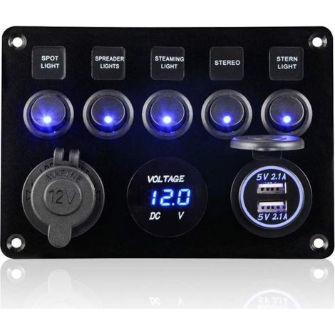 OEM – Panneau de commutation 5 gangs 12V/24V étanche IP65 – Chargeur double USB 5V 2.1A – Voltmètre numérique LED pour voiture et bateau (1/5)
