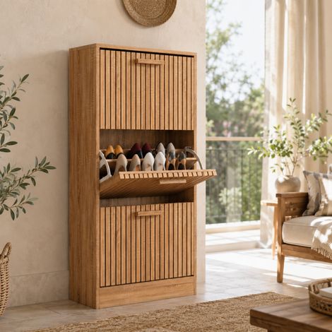 Meuble à chaussures 60 x 24 x 113 cm, Armoire à Chaussures étroite, chaussures placard, shoe rack, pour Couloir et entrée, avec 3 tiroirs rabattables, couleur bois naturel (1/5)