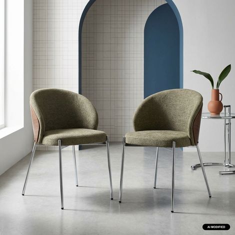 sweeek - Lot de 2 chaises bois de peuplier teinté noyer. acier chromé et tissu texturé kaki - Paul (1/5)