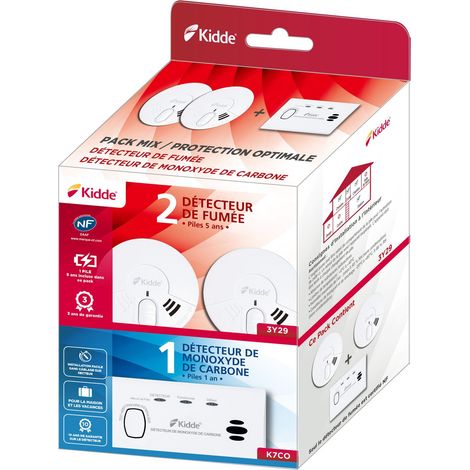 Kidde – Pack de 2 détecteurs de fumée et monoxyde de carbone – Alimentation pile 9V – Technologie de capteur avancée – Alerte de fin de vie