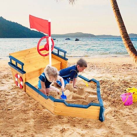 Kids Wooden Sandbox Pirate Ship Play Boat w/ Flag Rudder Lifebuoy Decoration (1/5)
