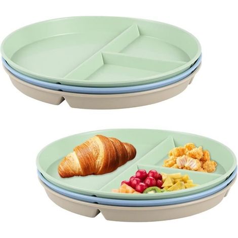 3 assiettes divisées avec compartiments - 22,5 cm - Incassables - Pour contrôle des portions - Réutilisables (1/4)