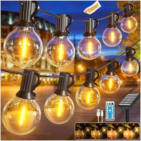 7 m lange Solar-Lichterkette für den Außenbereich, USB-wiederaufladbare Gartenleuchte mit Fernbedienung und 10 G40-LED-Lampen, 8 Modi, Timer, IP44 (1/5)