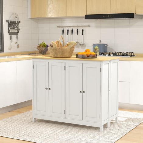 Desserte îlot de cuisine avec 2 tabourets plan de travail rabattable 2 placards avec 4 portes design moderne blanc (1/5)