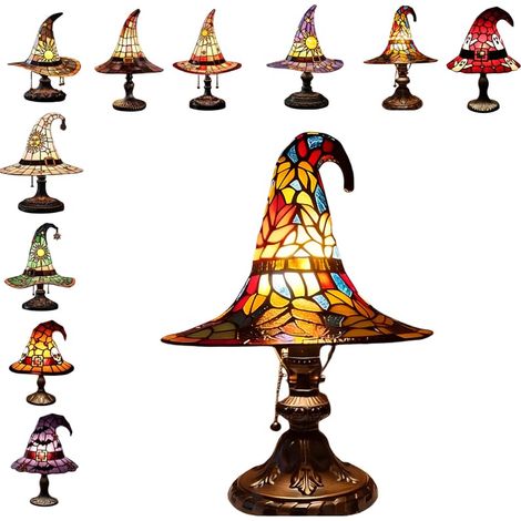 Hexenhut-Lampe aus Buntglas, Vintage-Halloween-Nachtlicht – 38 cm USB-betriebenes gotisches Hexenhut-Nachtlicht, dekorative Halloween-Lampe für Schlafzimmer und Bibliothek (1/5)