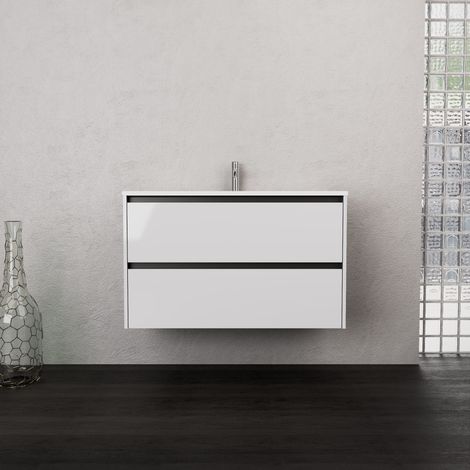 Inda - Badezimmerschrank 2 Schubladen B.100 mit mattiertem Waschbecken / Hochglanzweiß - Smeraldo