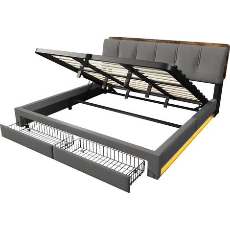 Polsterbett mit Bettkasten 180x200 cm aus grauem Leinen mit LED, USB und USB-C (1/5)