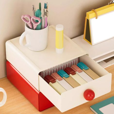 Tiroir de bureau stackable grande capacité Boîte de stockage plastique pour bureau avec tiroir glissant pour stylos cosmétiques crème blanc (1/5)