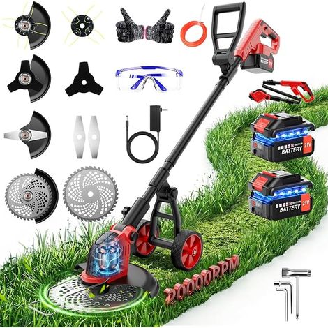 12 Inch Battery Strimmer with Wheel, 20000 RPM, Cordless Edge Trimmer with 2 x 3.0Ah Battery, 4 Types of Blades, Brushless Motor, Adjustable Handle for Garden, Lawn (1/5)