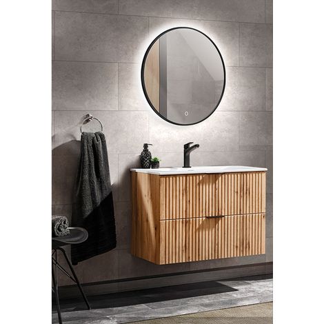 Badmöbelset Wotaneiche Rillenoptik ADELAIDE-56 80cm Waschtisch, LED-Spiegel rund,  B/H/T ca. 81/200/46 cm (1/5)