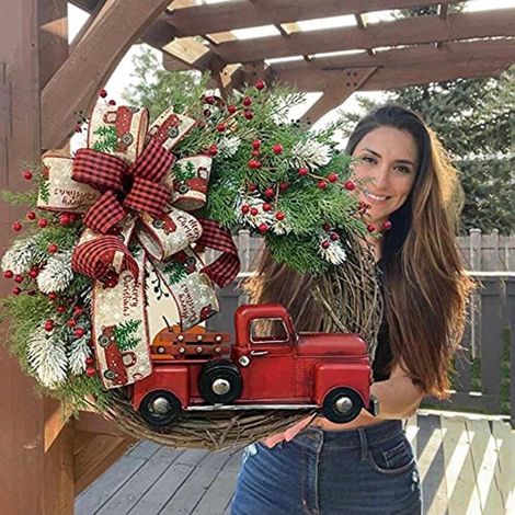 Rondelle De Porte - Camion Rouge - Décor Automnal Et De Noël - Pour Extérieur - 30 X 30 Cm - 1 Pièce (1/5)