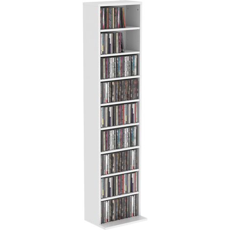 Étagère CD/DVD à 9 niveaux, étroite et autoportante, avec 6 étagères réglables, pour 260 CD, blanche. (1/5)