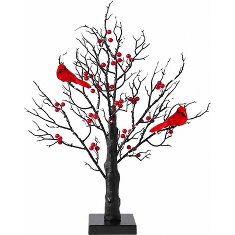 Sapin lumineux LED décoré de baies rouges et d'oiseaux, lampe de Noël de table, décoration chaleureuse pour les fêtes (1/5)