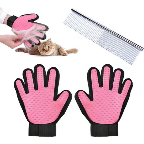 1 paire gants épilation roses + peigne inox pour chatons chiens massage toilettage doux