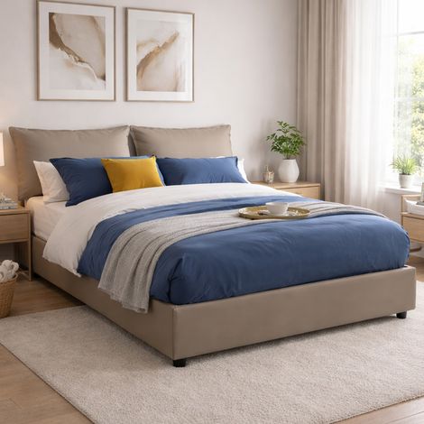Dmora - Cama matrimonial Dikone, Cama contenedor con tapizado en ecopiel, 100% Made in Italy, Apertura frontal, con colchón 140x190 cm incluido, Tórtola (1/5)
