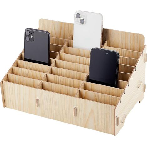 1 Boîte de rangement en bois, 24 grilles, organisateur de bureau beige, pour téléphone portable, stylos, école (1/5)