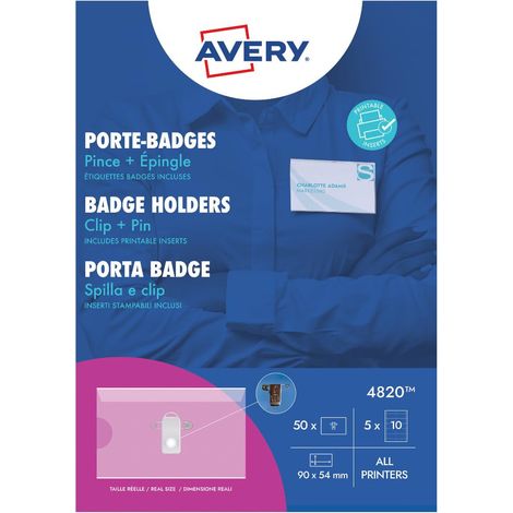 Avery Portabadge Combi 4820 Kit mit Brosche und Clip, 50 Portabadge + 50 druckbare Einsätze, 54x90 mm, Transparent