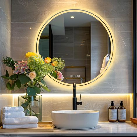 Unho – Miroir LED mural rond 80cm – Anti-buée, réglage luminosité et température couleur – Verre HD, cadre aluminium – Éclairage 2760lm