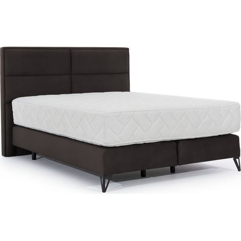 Lit continental velours marron Tiempo avec matelas 30cm en latex et pied métal noir-180x200 (1/5)