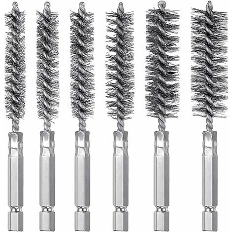 AGE Set de 6 pinceaux de trou métallique à poignée hexagonale en acier inoxydable, pinceau de pistolet à tige hexagonale polissage polissage pinceau de tuyau d'épines brosse en acier inoxydable brosse (1/5)