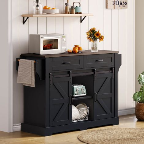 Îlot de cuisine avec plan de travail rabattable 120 × 45 (70) × 91 cm, desserte de cuisine sur roulettes, meuble de rangement cuisine avec 2 portes coulissantes et 2 tiroirs, Noir (1/5)