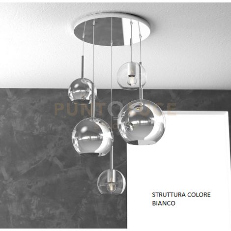 SOSP. BIANCO TONDA 5 LUCI VETRI (1 GRANDE CR+1 MEDIO CR+3 PICCOLO (1X CR+2X TR)) 1155BI-S5 TMIX-TC