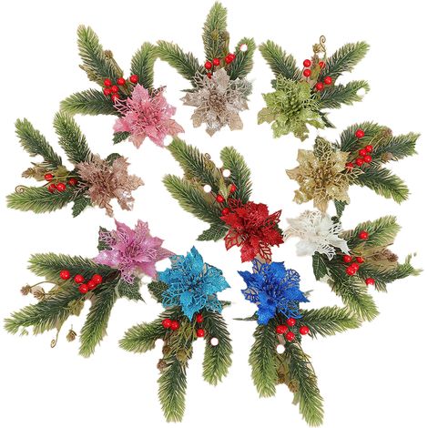 10 Branches De Feuillage Artificiel Persistant Avec Clips, Décoration Noël Pour Arbre Et Cadeaux (1/2)