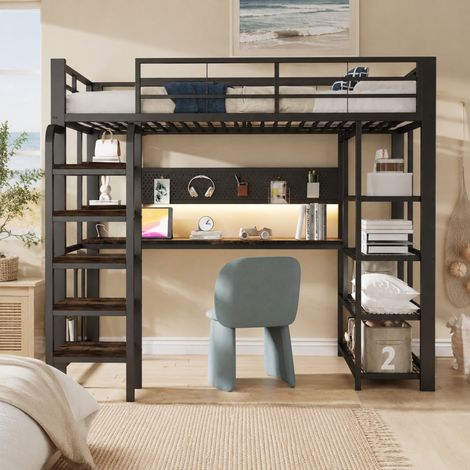 Letto a soppalco in metallo nero 90x200 cm con scrivania, LED e prese integrate (1/5)