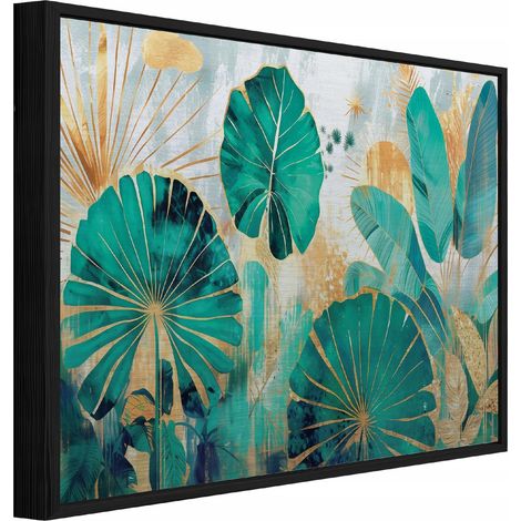 Peinture sur métal dans un cadre noir jungle feuilles loft salon chambre 120x80 (1/3)