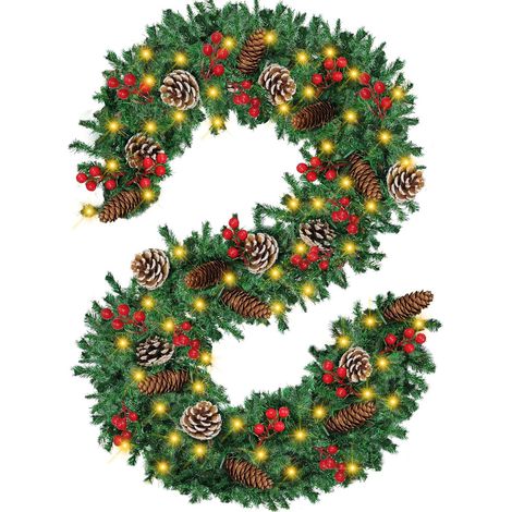 Guirlande de Noël avec 100 lumières LED, guirlande de sapin artificiel de 3,6 m, guirlande de Noël avec pommes de pin, baies rouges, couronne de Noël, couronne de l'Avent, décoration de Noël pour esca (1/5)