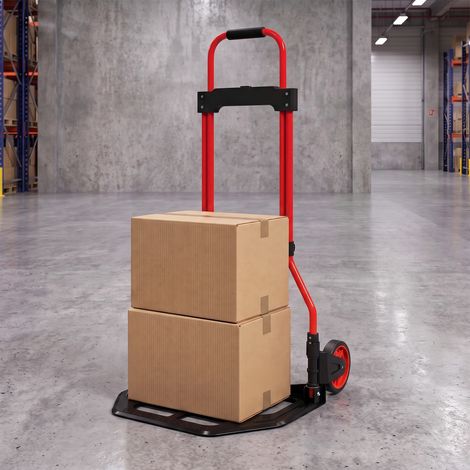 Chariot de transport rouge cadre acier, poignée télescopique, charge maximale 60 kg pour atelier et déplacement (1/5)