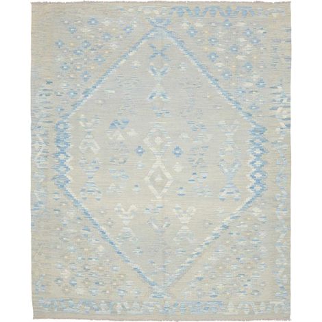 Tapis kilim 160 x 198 cm, motif géométrique, gris beige et bleu, en laine naturelle, tissé plat fabriqué au Pakistan (1/5)